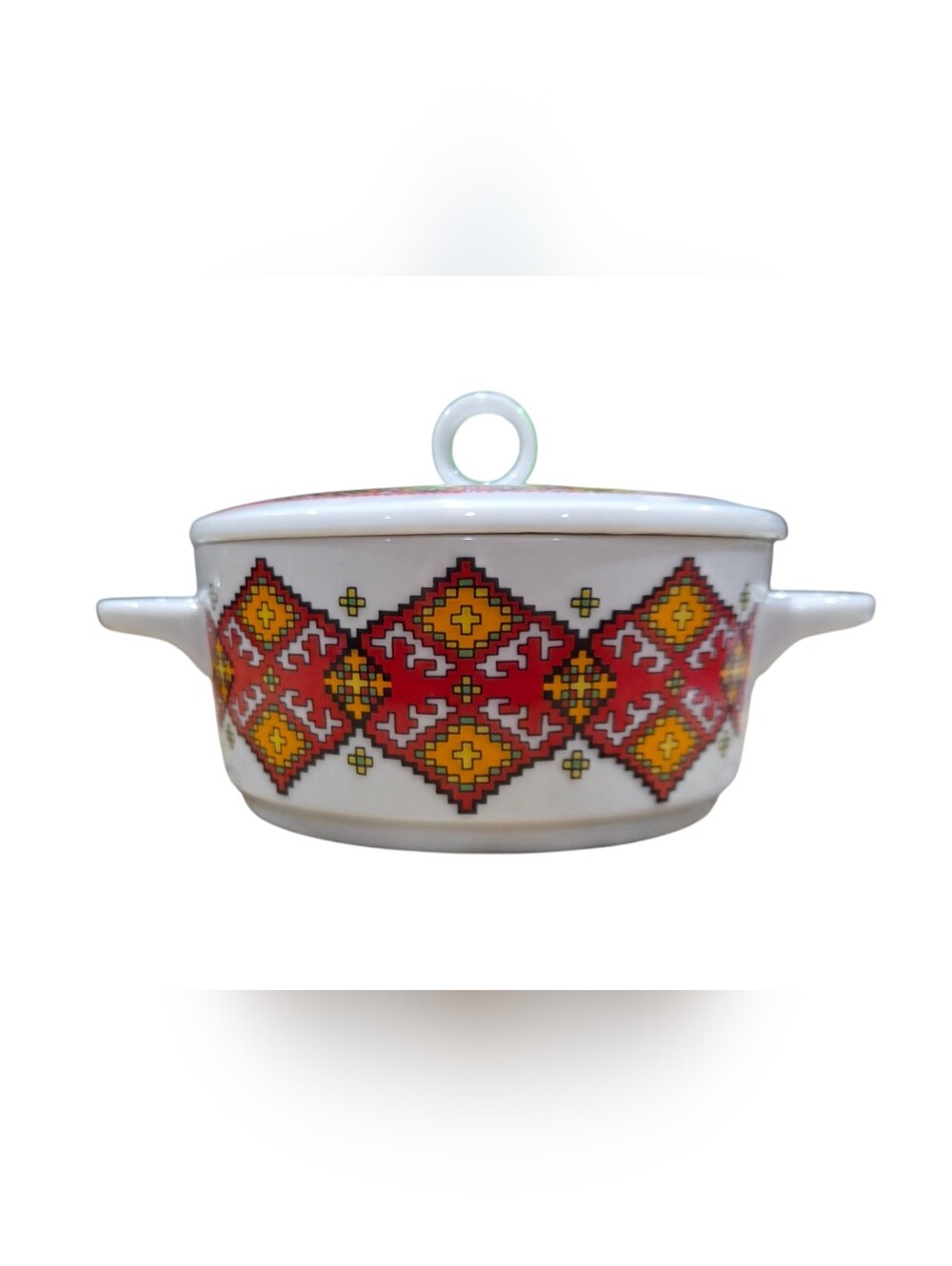 Vintage Enesco Porcelain Bowl W/Lid In a Vibrant, Aztec Southwestern-Style Print